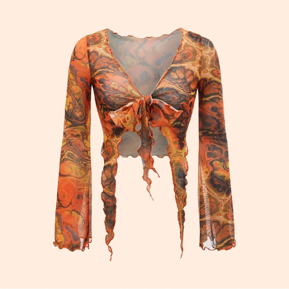 Orange Trippy Sheer Shirt Front Tie Crop Top